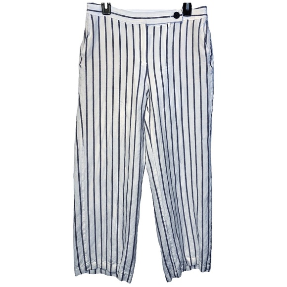 J JILL ☆ Linen / Rayon Wide Leg Pants ☆ White w/ Navy Blue Stripe ☆ Size 10 - Picture 2 of 7